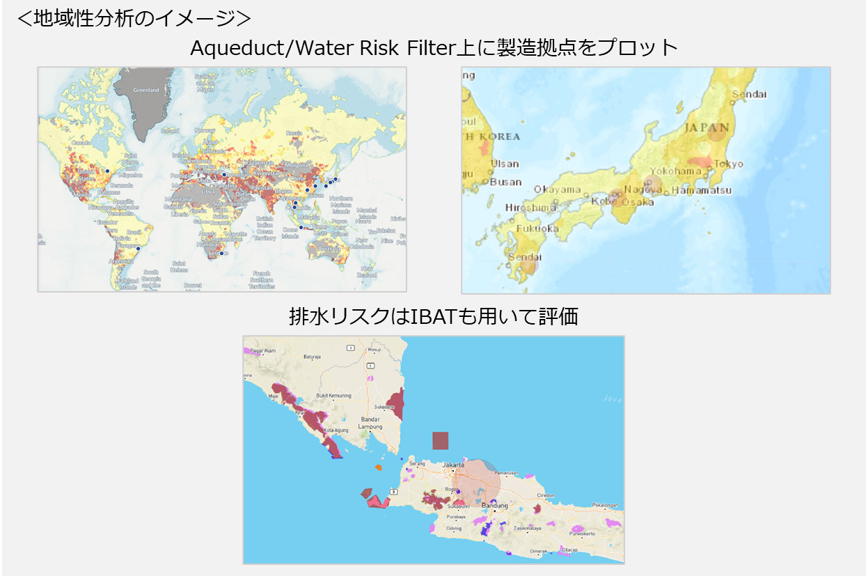 地域性分析のイメージ Aqueduct/Water Risk Filter上に製造拠点をプロット 排水リスクはIBATも用いて評価